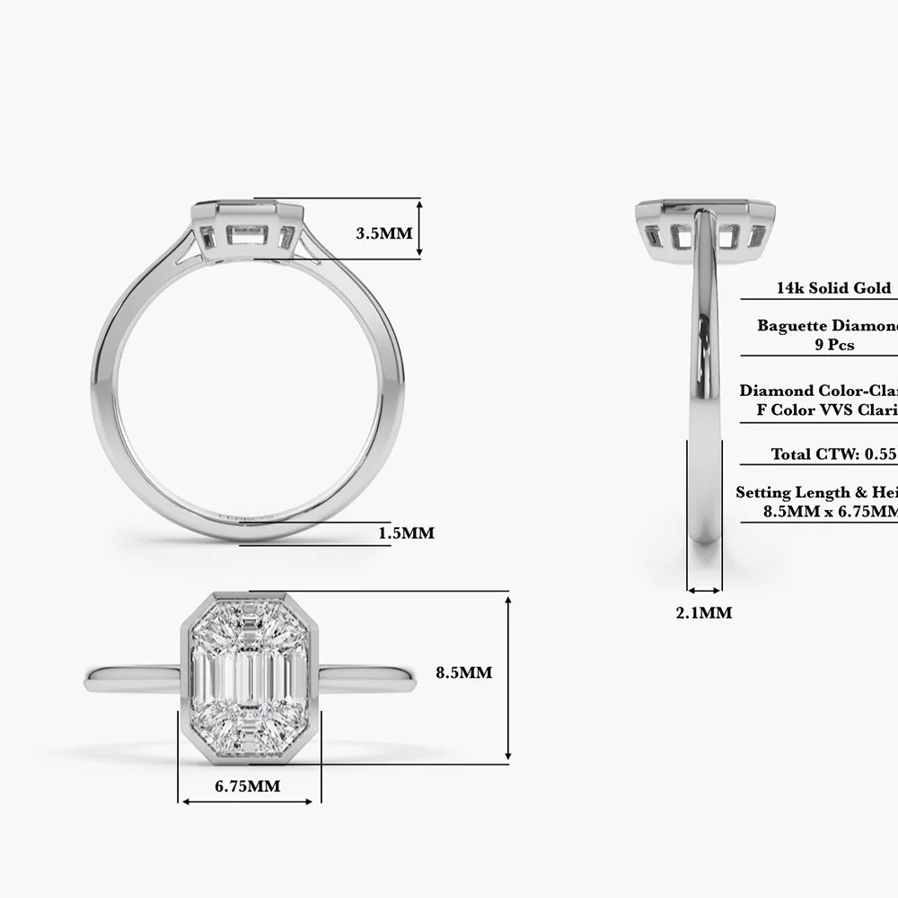 Solid Gold Emerald Cut Illusion Mosaic Solitaire Engagement Ring