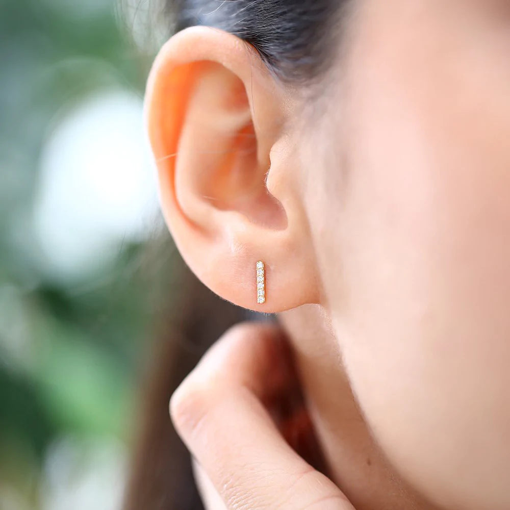 Solid Gold Diamond Bar Stud Earrings