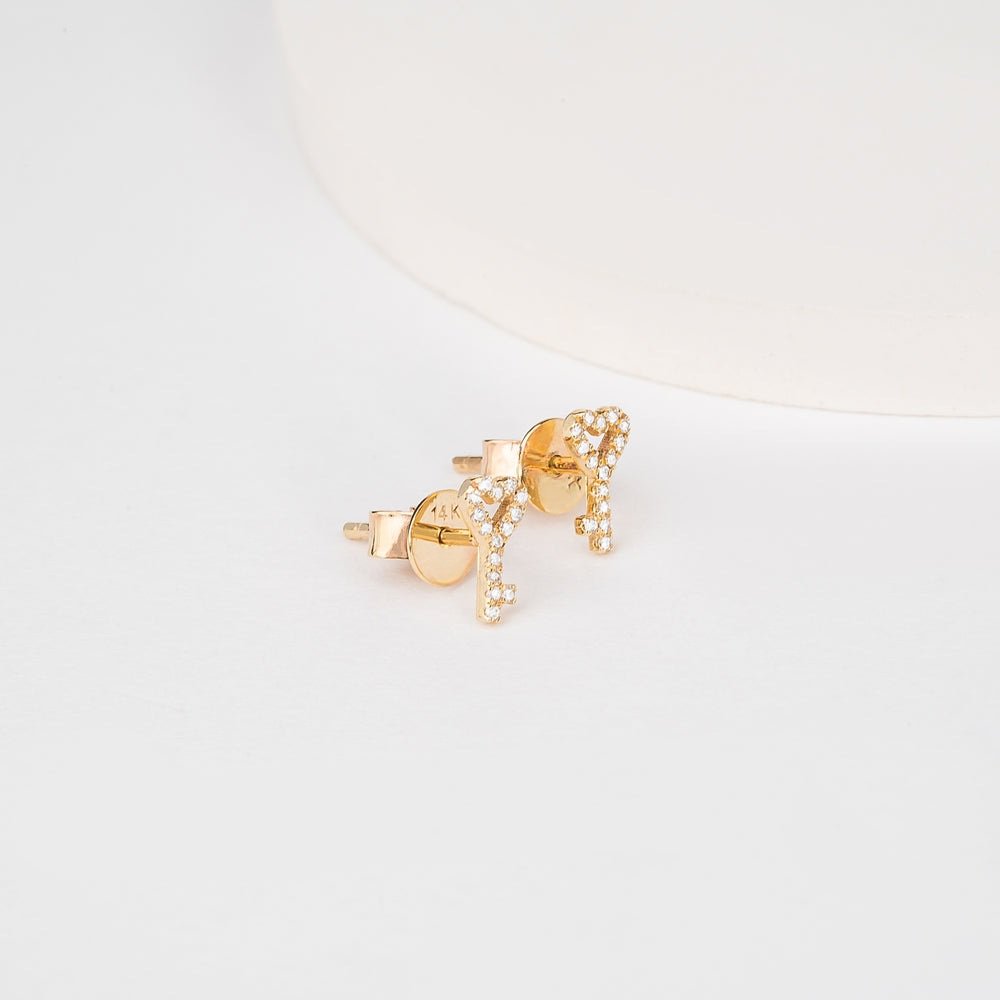 Solid Gold Diamond Key Stud Earrings