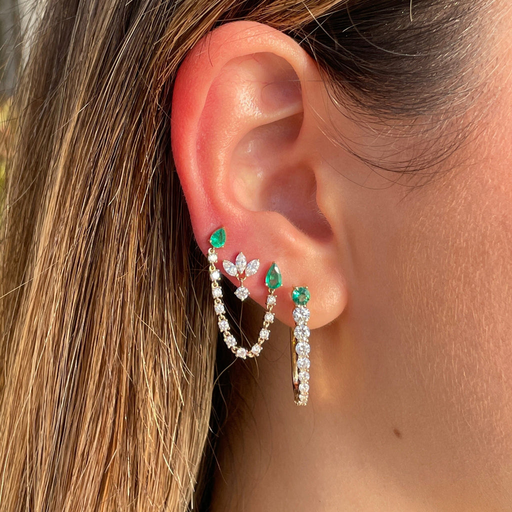 Solid Gold Diamond Emerald Pear Connecting Earring
