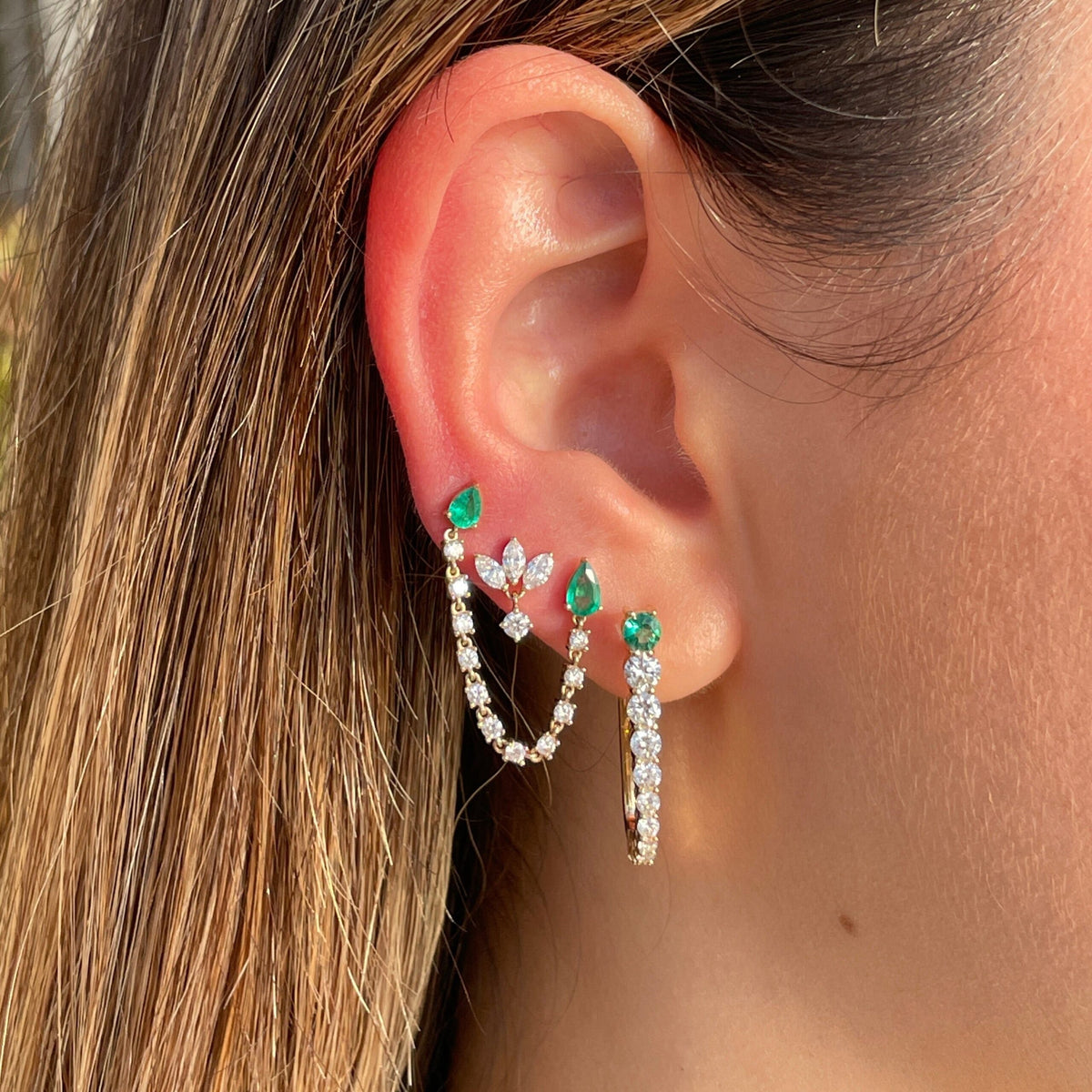 Solid Gold Diamond Emerald Pear Connecting Earring