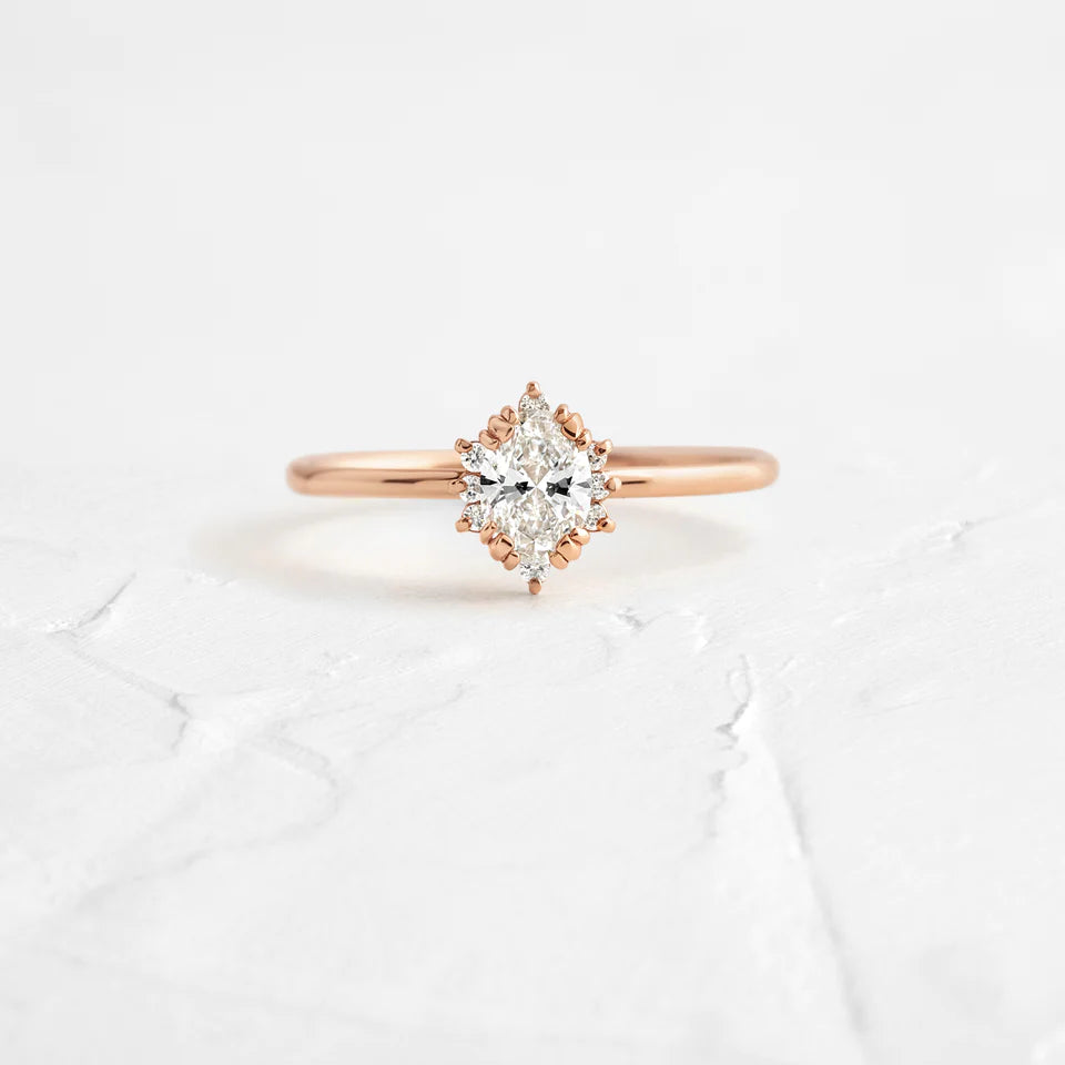 Solid Gold Threaded Ring with Halo, 0.3ct. Oval Cut Moissanite Diamond