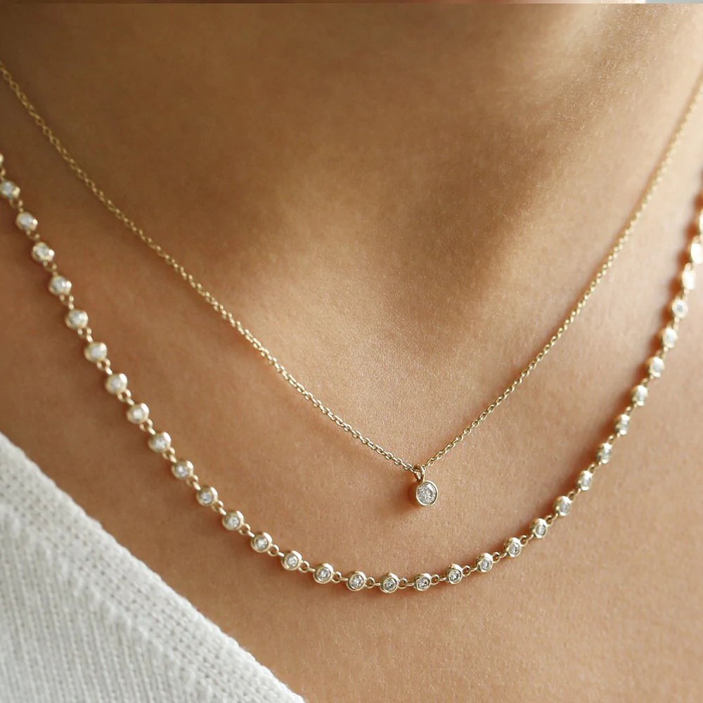 Solid Gold Bezel Setting Diamond Tennis Necklace