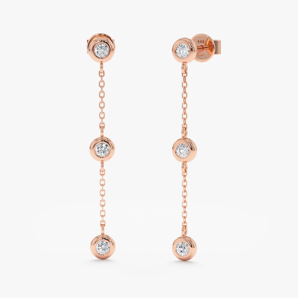 Solid Gold Triple Diamond Hanging Earring Studs