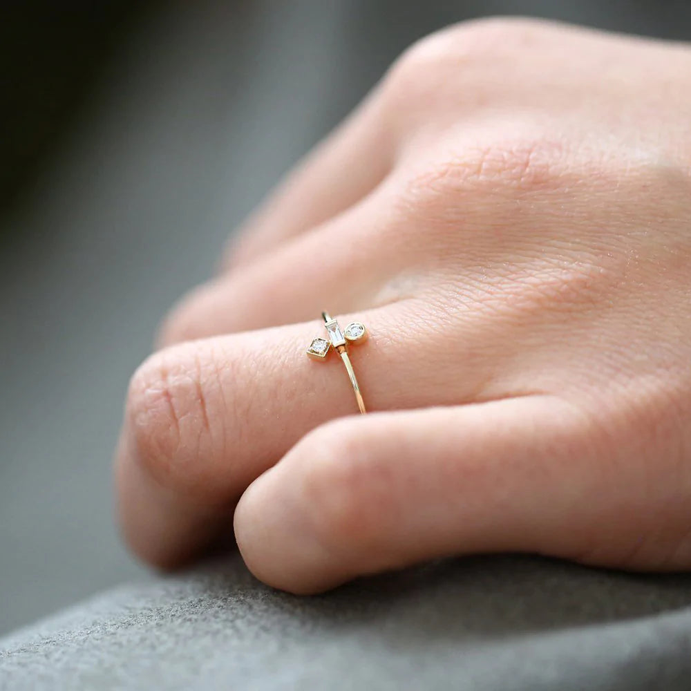 Solid Gold Baguette and Round Cut Diamond Ring