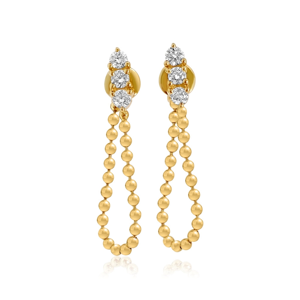 Solid Gold Triple Diamond Ball Chain Loop Earring