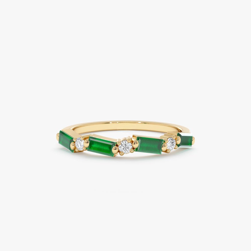 18K Solid Gold Diamond and Baguette Emerald Ring - Style B