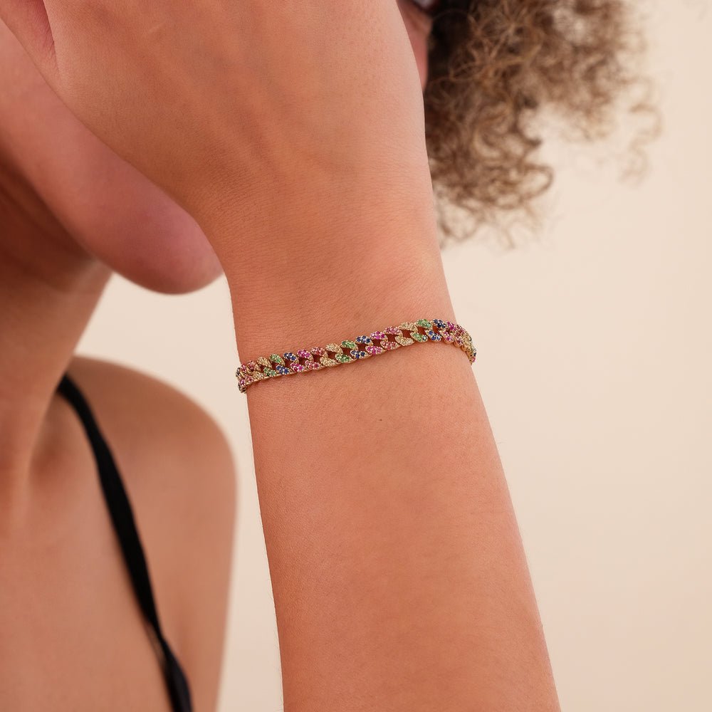 14K Solid Gold Rainbow Sapphire Cuban Chain Bracelet - Style B