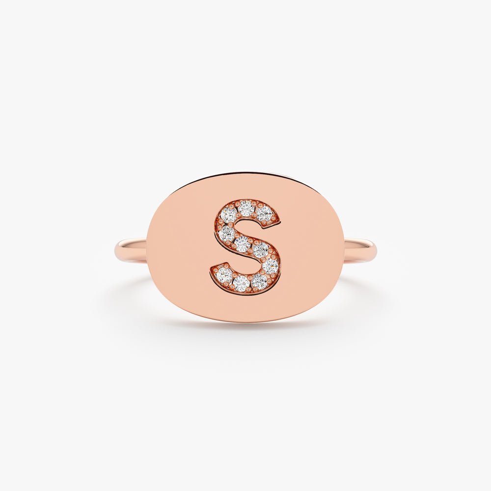 Solid Gold Initial Diamond Signet Ring (7A11E7)