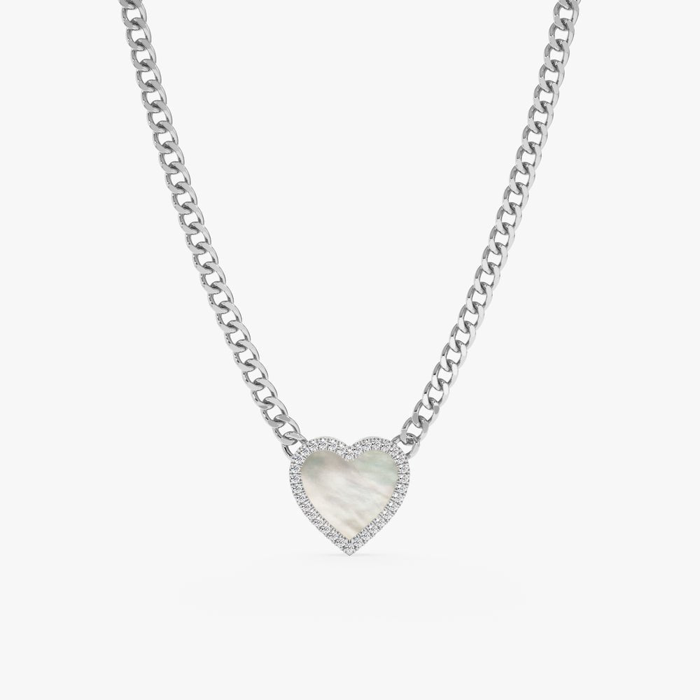Solid Gold Pearl Heart & Diamond Cuban Chain Necklace (33F15C549B13)
