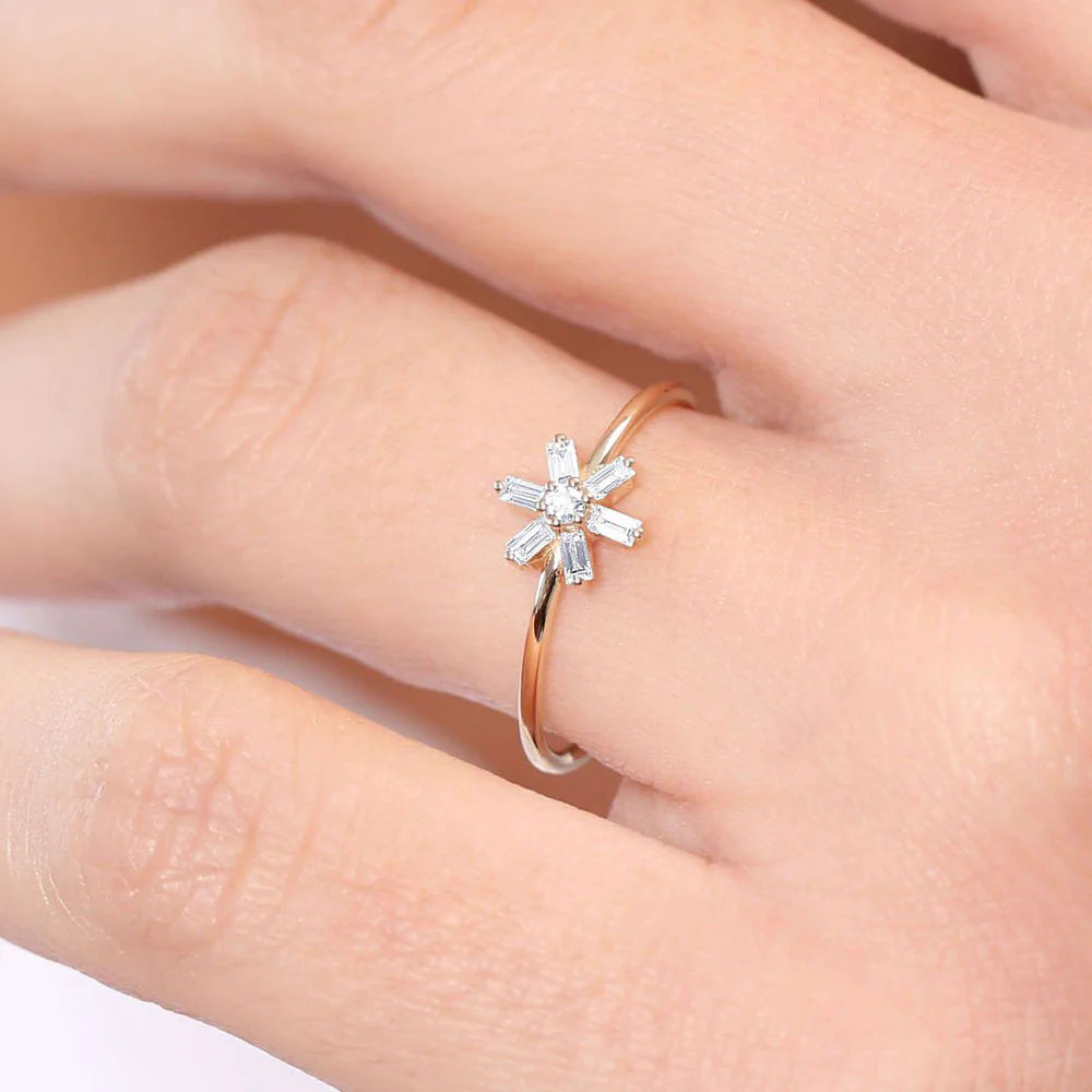 Solid Gold Baguette Diamond Flower Ring