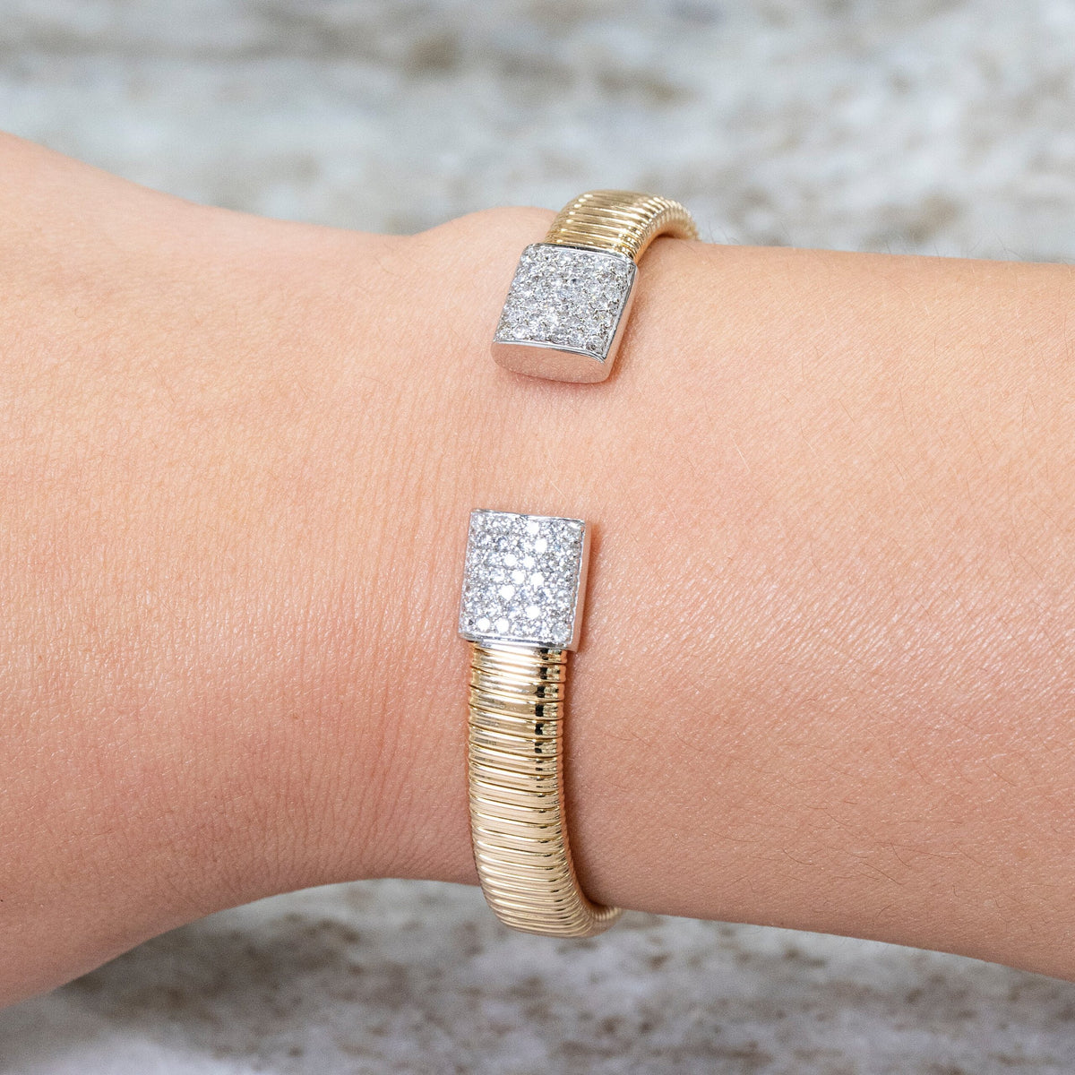 Solid Gold Flexible Pave Diamond Square Ends Bangle