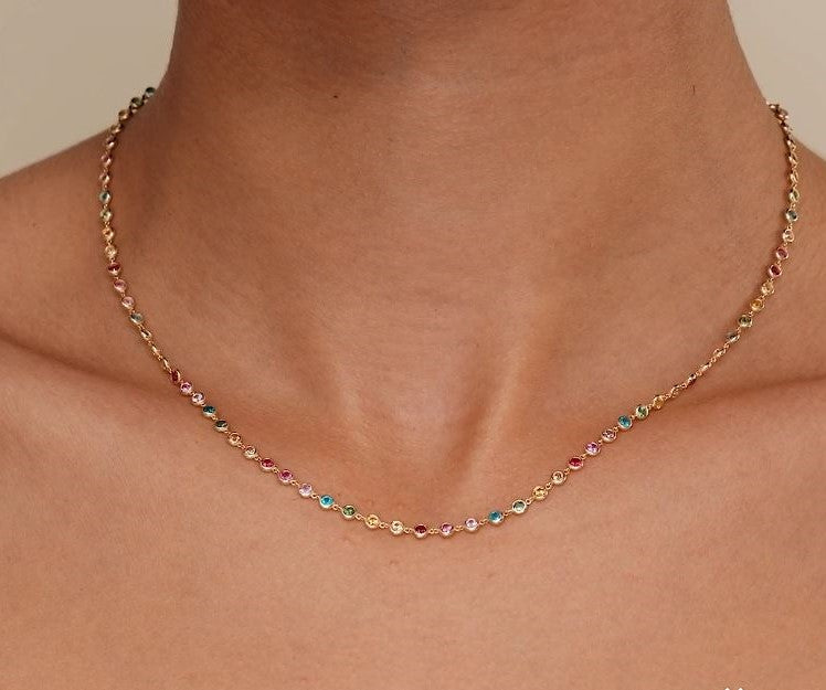 Solid Gold Rainbow Sapphire Bezel Necklace | Multi-Color Gemstone