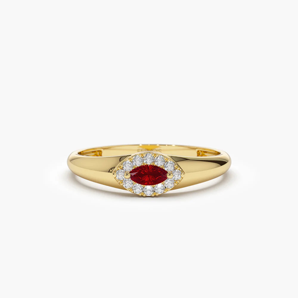 Solid Gold Marquise Ruby Ring in Halo Setting