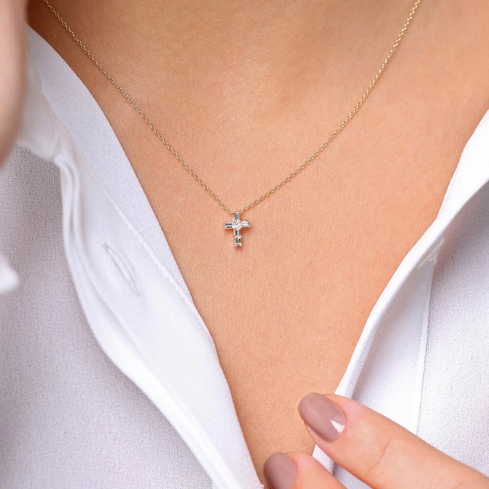 Solid Gold Baguette Diamond Tiny Cross Necklace
