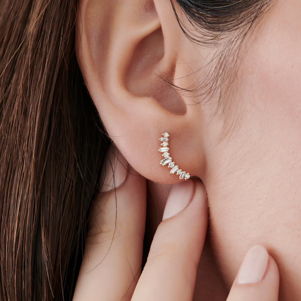 Solid Gold Baguette and Round Diamond Ear Crawler Earrings