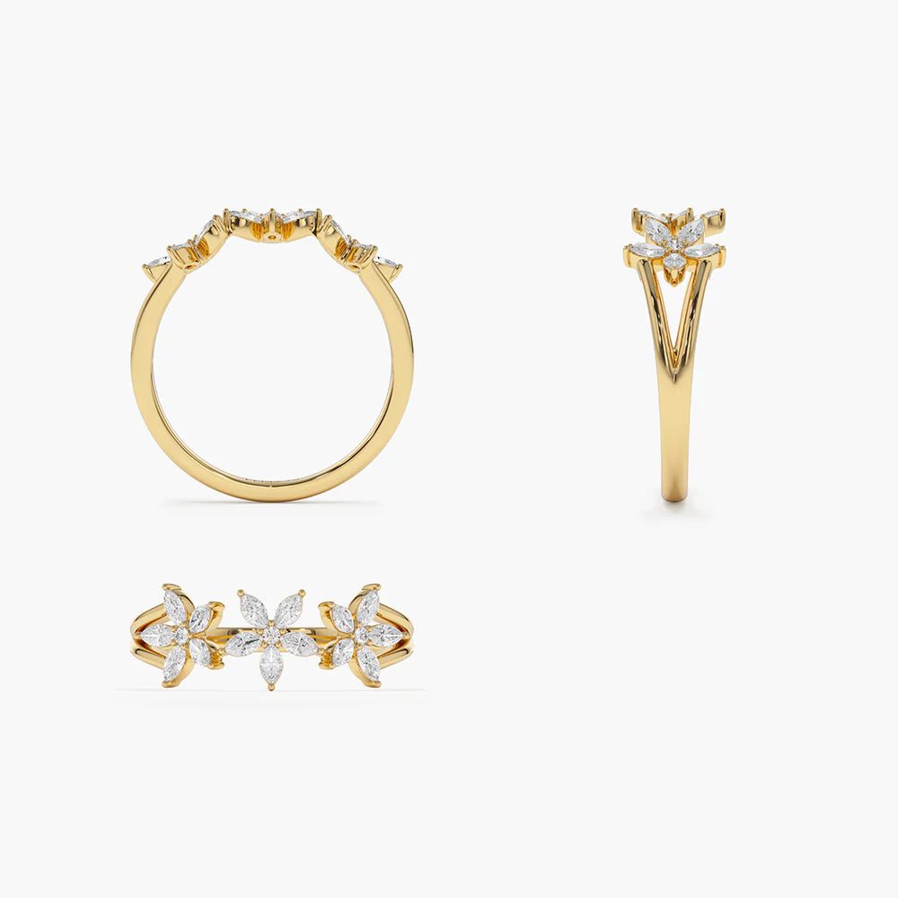 Solid Gold Marquise Diamond Multi-Flower Ring