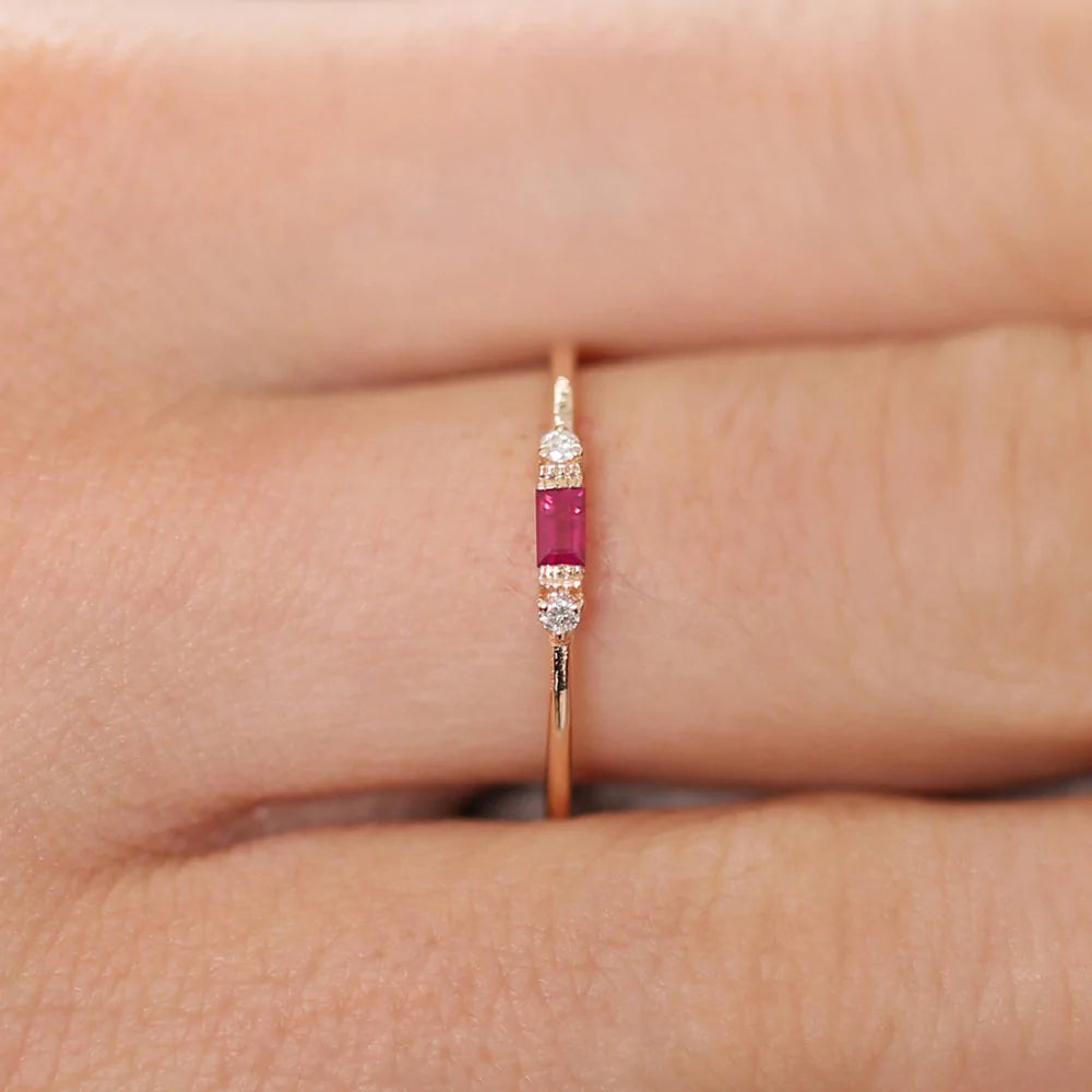Solid Gold Baguette Ruby With Diamond Ring