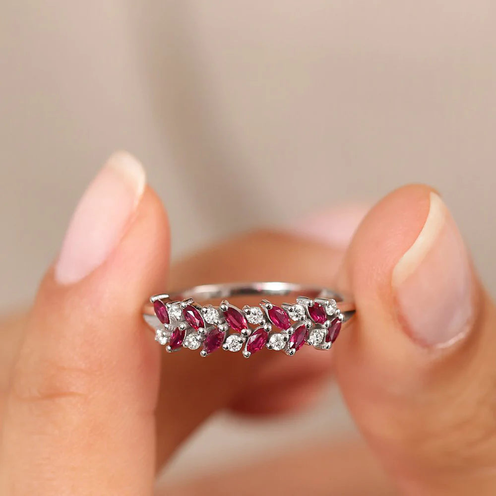 Solid Gold Two Rows Marquise Cut Natural Ruby and Diamond Ring