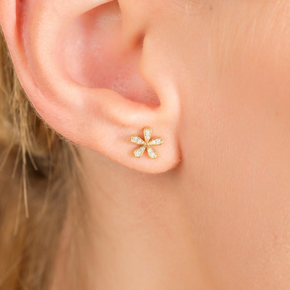 Solid Gold Five Petal Diamond Flower Studs