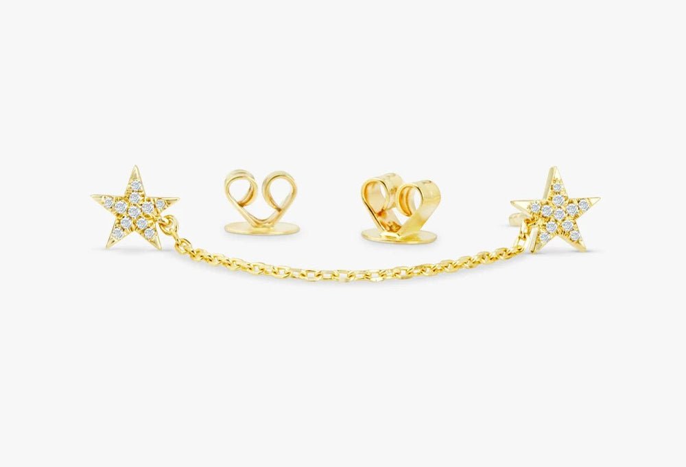 Solid Gold Double Diamond Star Chain Stud Earrings