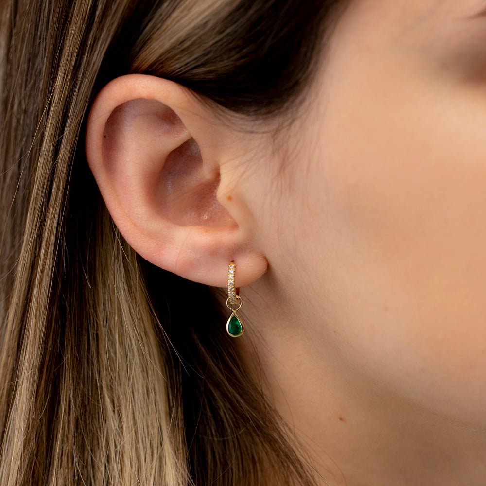 Solid Gold Pear-Cut Emerald Charm Huggies