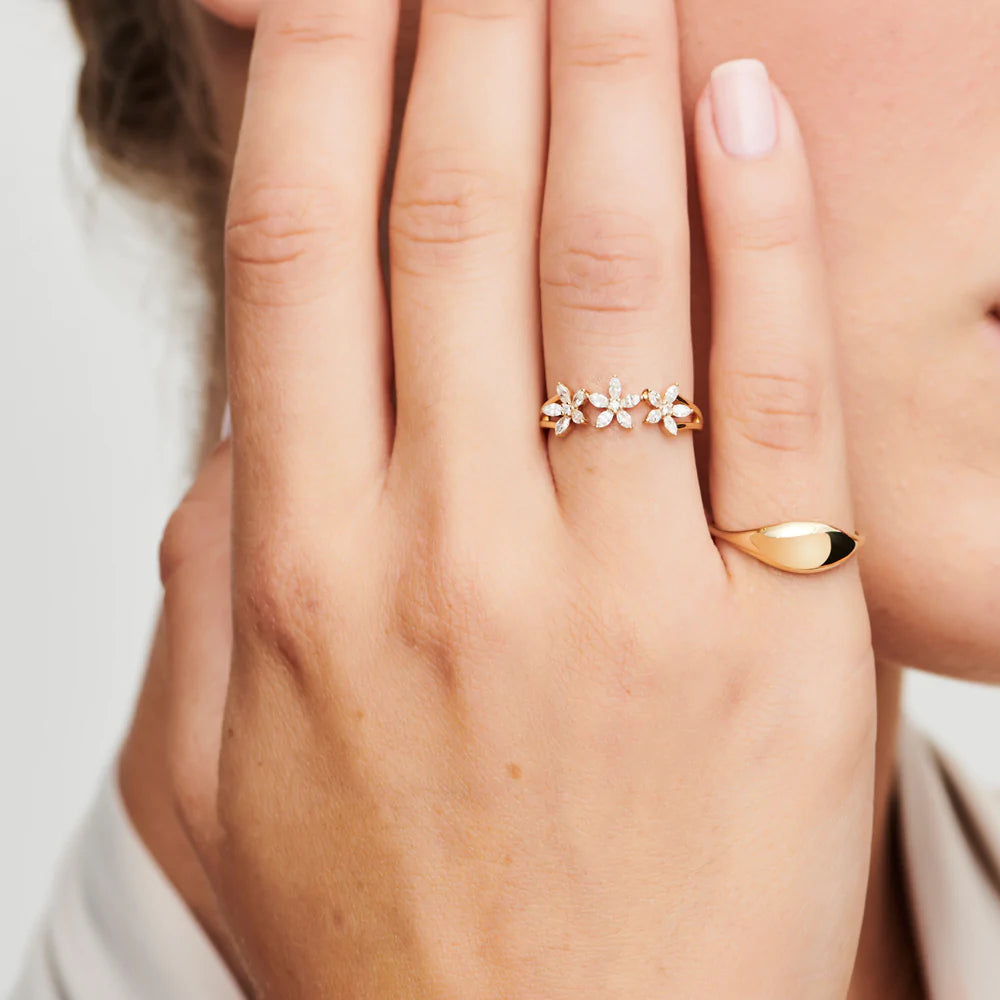 Solid Gold Marquise Diamond Multi-Flower Ring