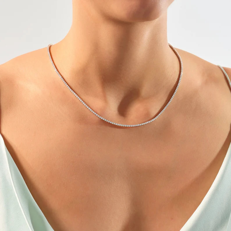 Solid Gold 8 Carat Round Diamond Tennis Necklace