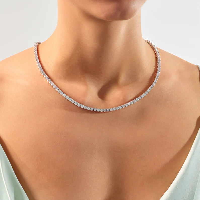 Solid Gold 8 Carat Round Diamond Tennis Necklace