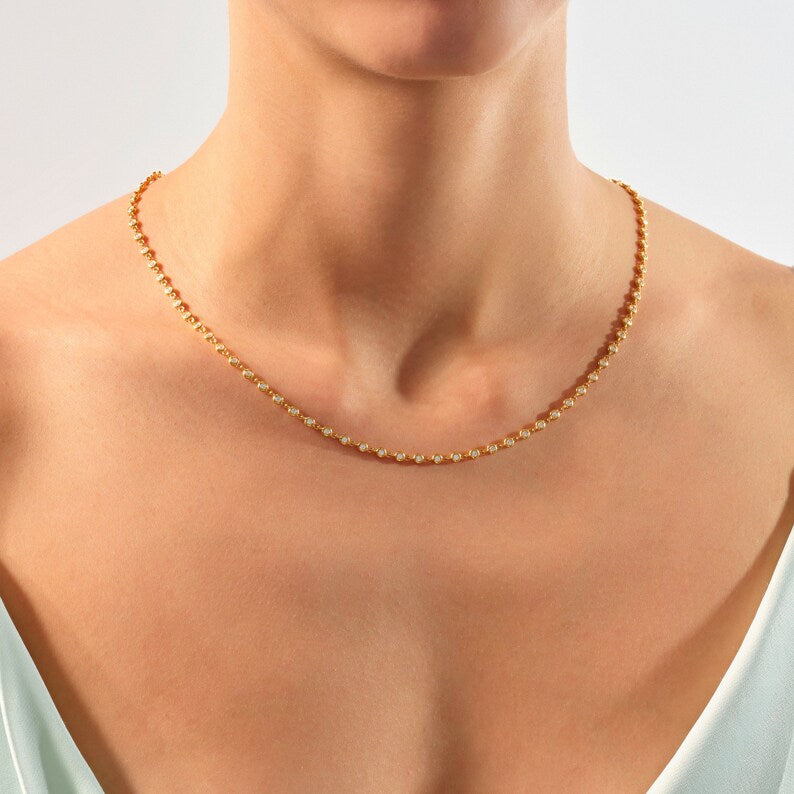 Solid Gold Bezel Natural Diamond Tennis Necklace