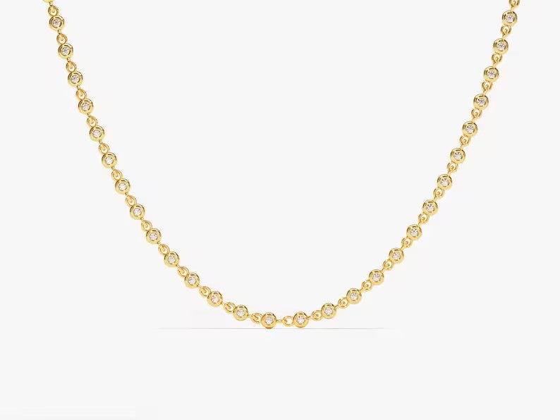 Solid Gold Bezel Natural Diamond Tennis Necklace