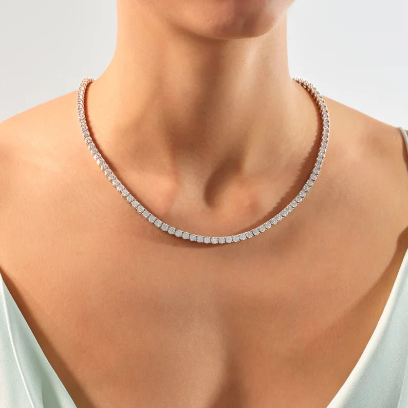 Solid Gold 8 Carat Round Diamond Tennis Necklace