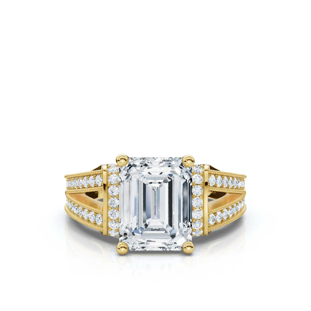 18K Solid Gold 2 CT Emerald Cut Diamond Ring with Pavé Accents