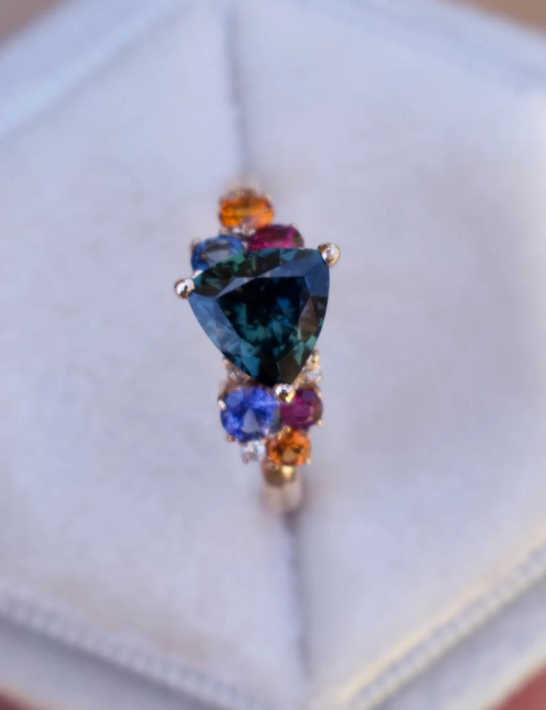 Solid Gold Teal Sapphire Cluster Engagement Ring