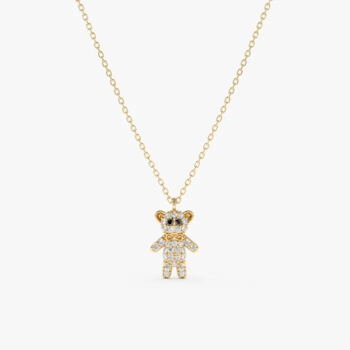 Solid Gold Black & White Diamond Teddy Bear Necklace (EFBAEB)