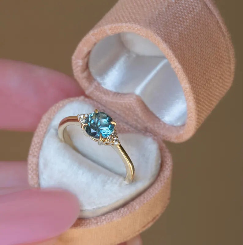 Solid Gold Round Teal Montana Sapphire Engagement Ring