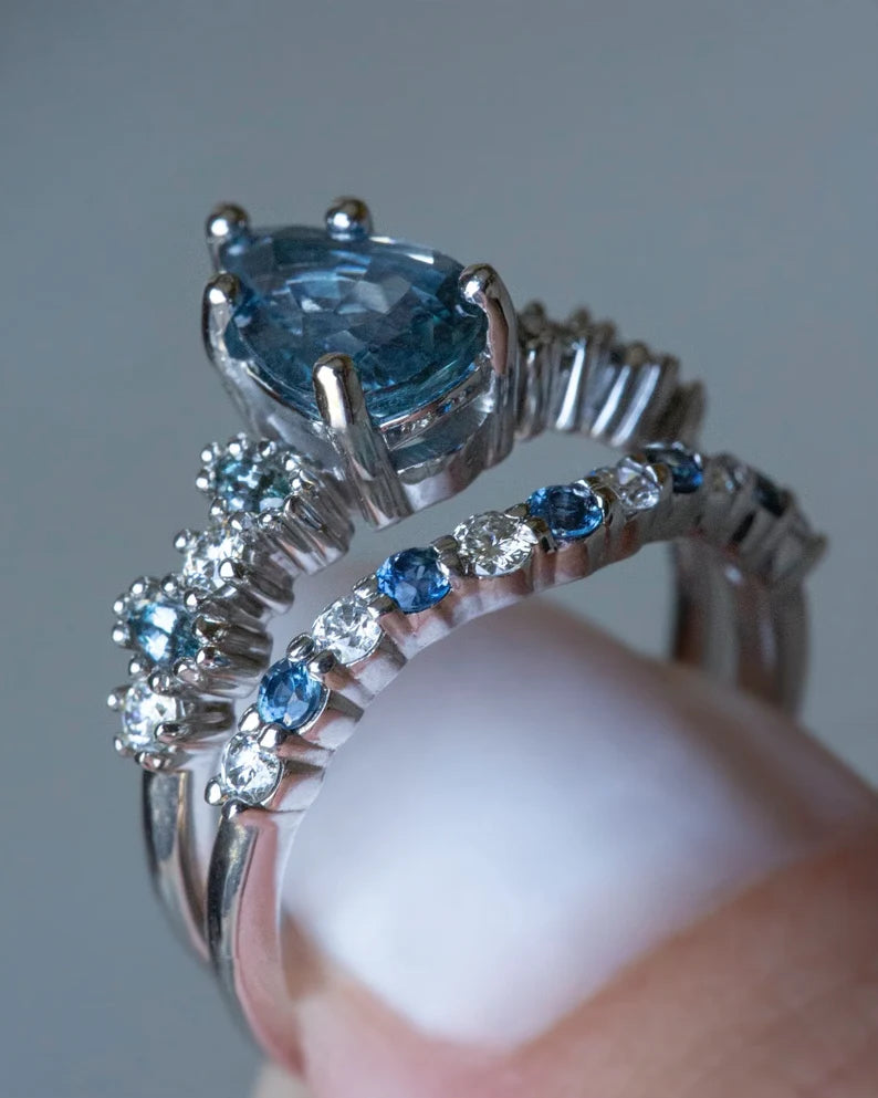 Solid Gold Teal Sapphire and Diamond Wedding Band