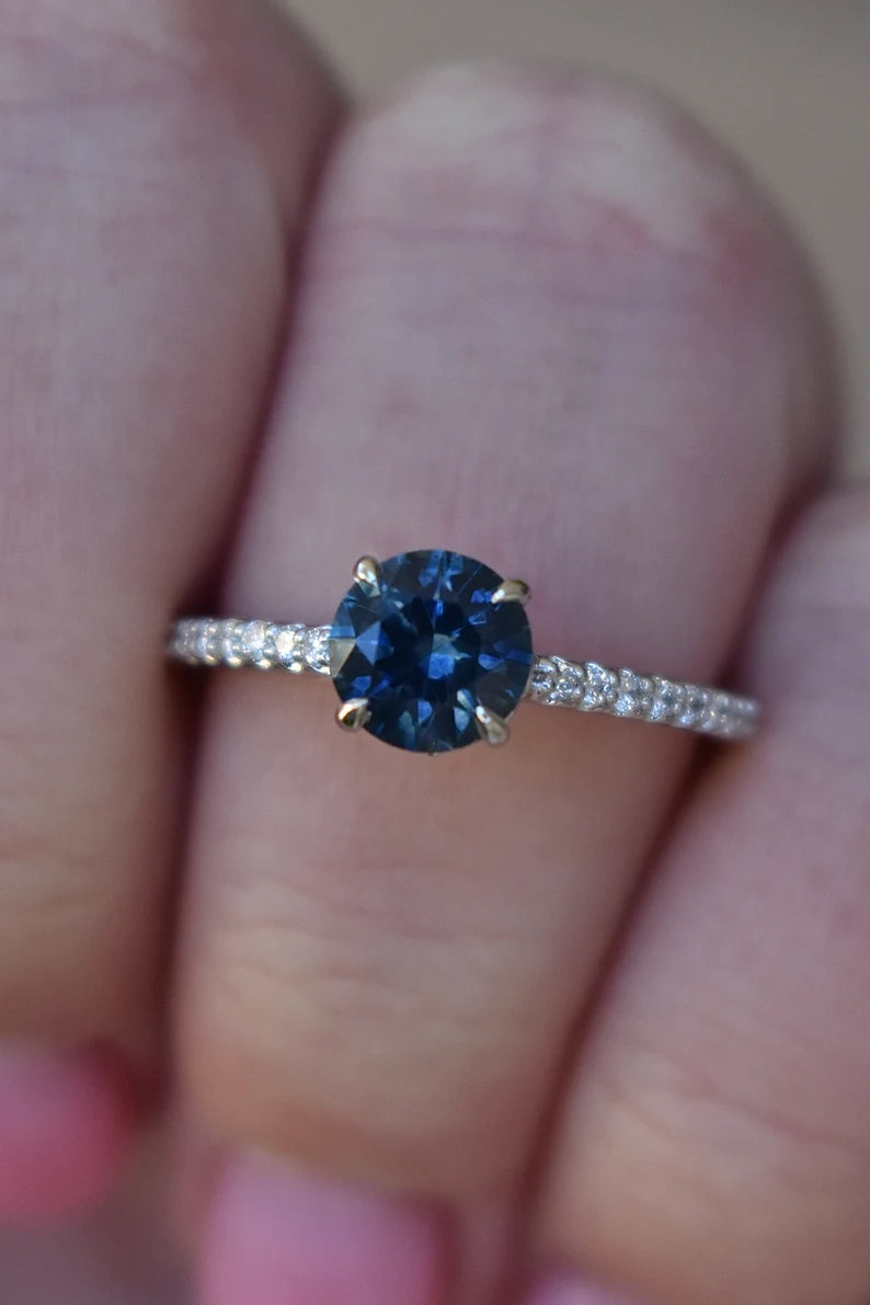 14K Solid Gold 1.4 CT Teal Blue Montana Sapphire Ring Set
