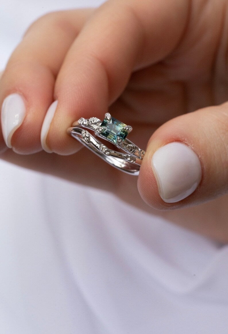 Solid Gold Teal Green Sapphire Leaf Engagement Ring Set