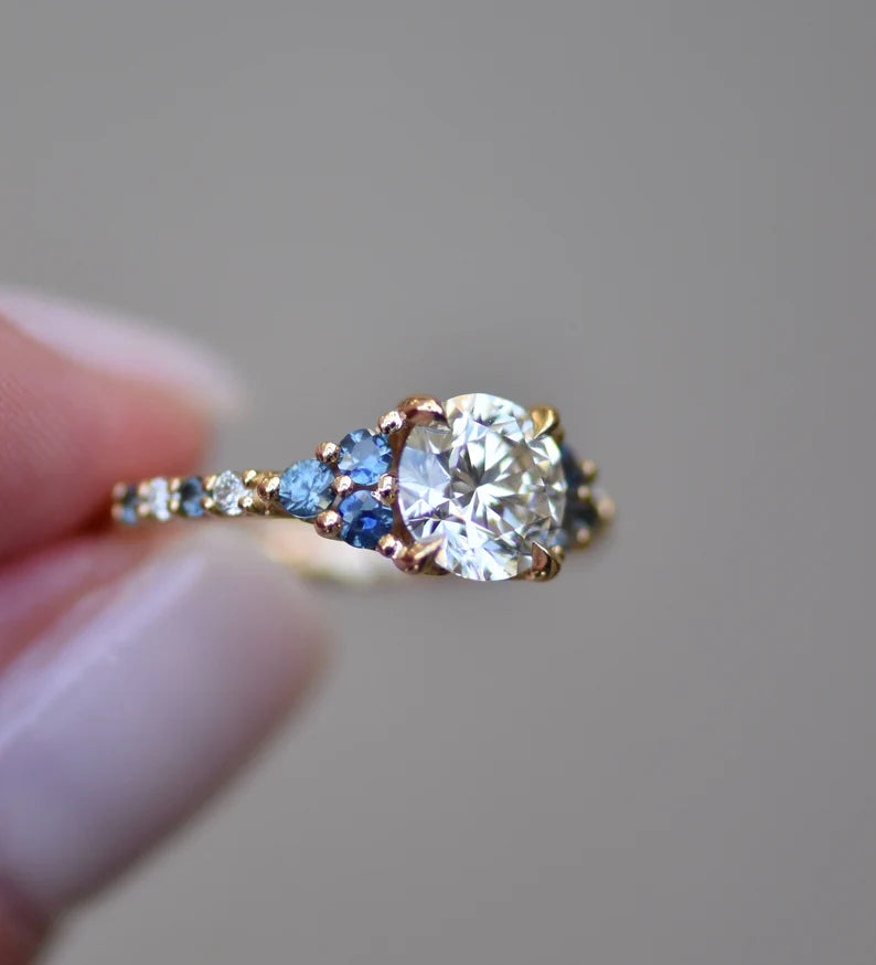 18K Solid Gold Natural Diamond and Sapphire Engagement Ring - Style A