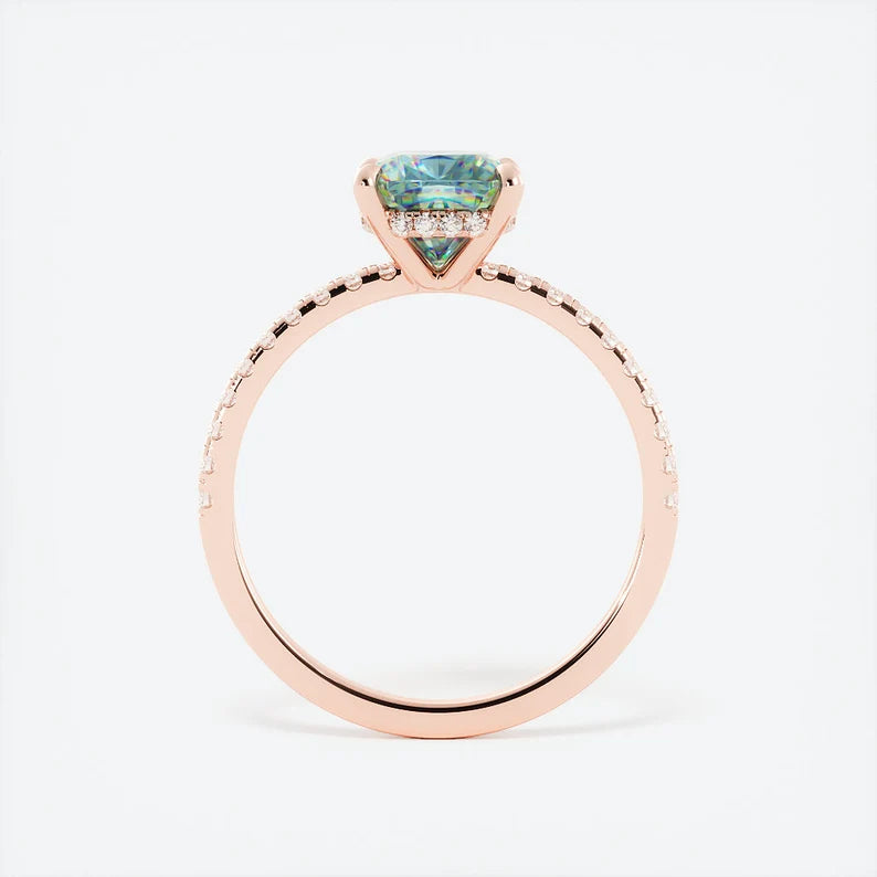 14K Solid Gold 1.2 CT Teal Sapphire Hidden Halo Diamond Engagement Ring