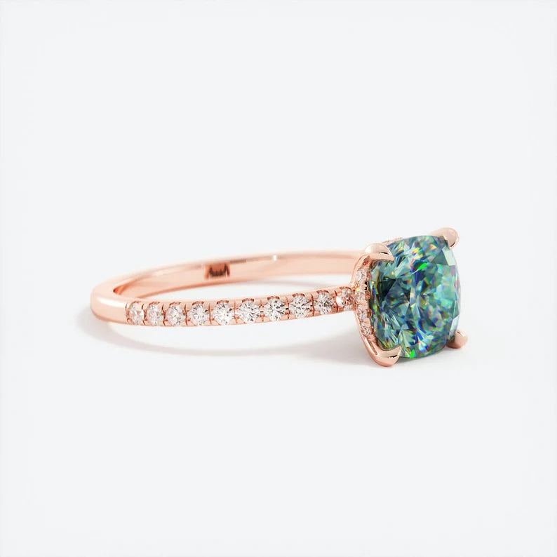 14K Solid Gold 1.2 CT Teal Sapphire Hidden Halo Diamond Engagement Ring