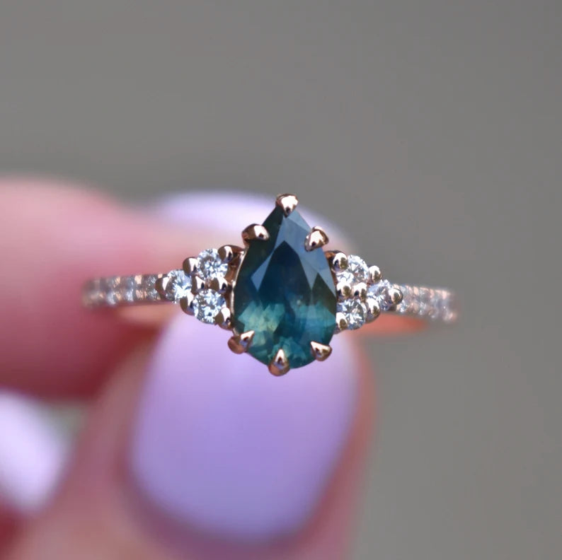 Solid Gold Teal Green Sapphire and Diamond Engagement Ring