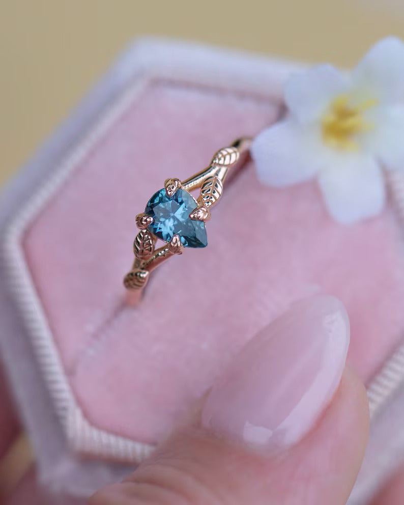 14K Solid Gold Leaf Engagement Ring With Montana Sapphire - Style A