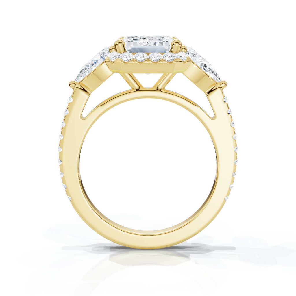 Solid Gold Engagement Ring 2 CT Emerald Cut Three Stone Pear Lab Grown Diamond