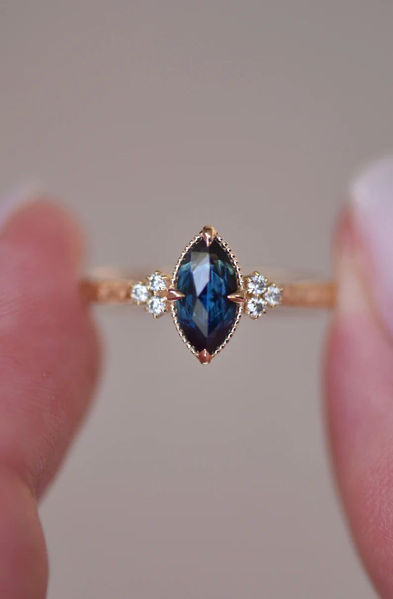 Solid Gold Teal Sapphire Marquise Engagement Ring