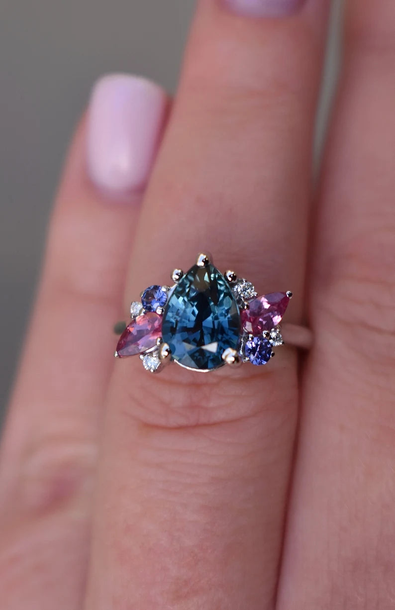 Solid Gold Teal Blue Pear Sapphire Engagement Ring