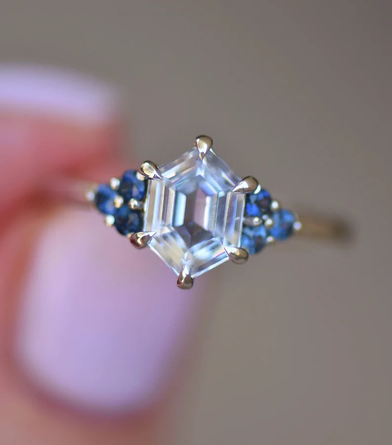 Solid Gold White Sapphire Hexagon Ring With Blue Montana Sapphires