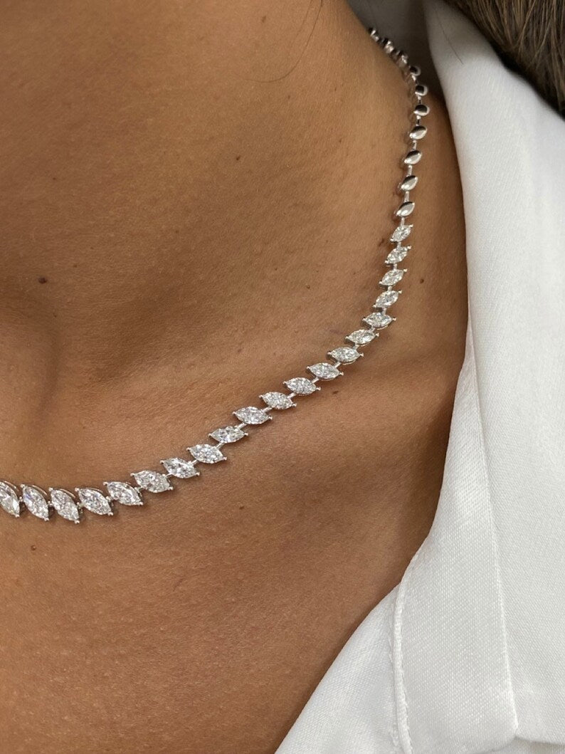 Solid Gold Marquise Cut Diamond Tennis Necklace (F7C2AA)