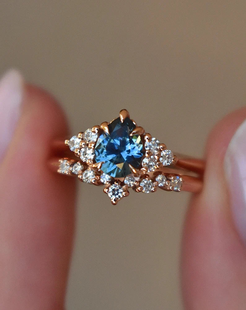 Solid Gold Teal Blue Pear Sapphire and Diamond Engagement Ring Set